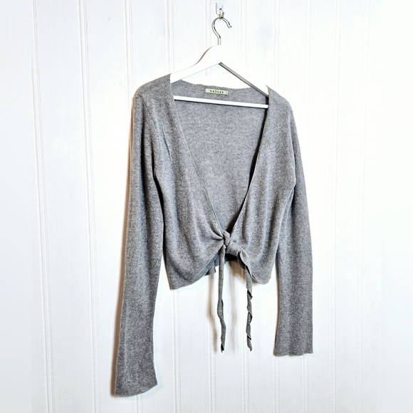 Velvet Wrap Cardigan Womens Size M Gray Wool Cashmere Blend Self Tie - Picture 1 of 11